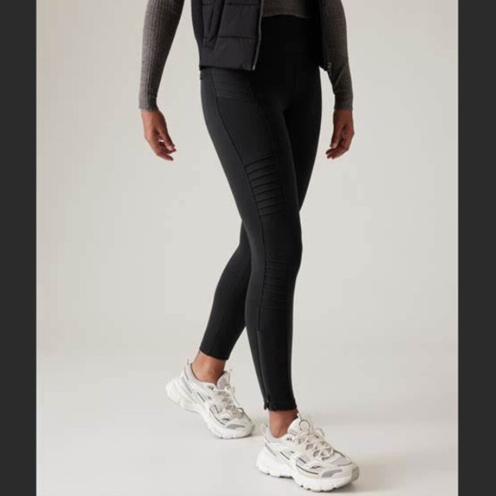 Athleta Delancey Moto Tight 2 Pockets Zip Ankle Size L Black EUC